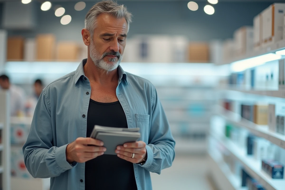 Homme examinant l'emballage du tee-shirt Percko dans un magasin Decathlon, évaluant le produit avant achat