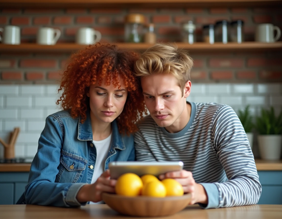 Deux amis regardant ensemble du contenu en streaming sur une tablette dans une cuisine moderne