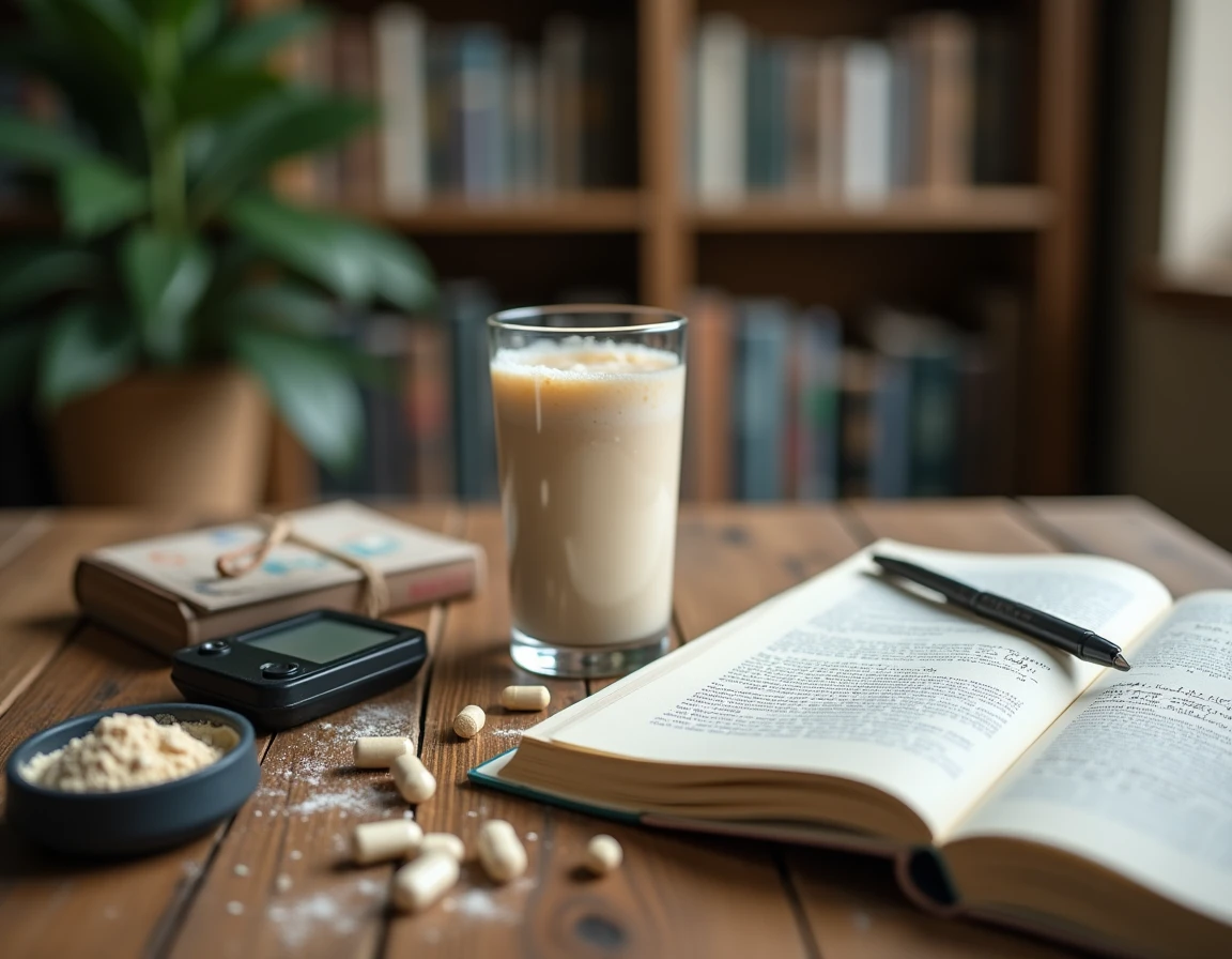 Vue de dessus d'une table avec un livre de nutrition, un verre de shake protéiné, une balance de cuisine et un journal alimentaire pour analyser l'excès de protéines