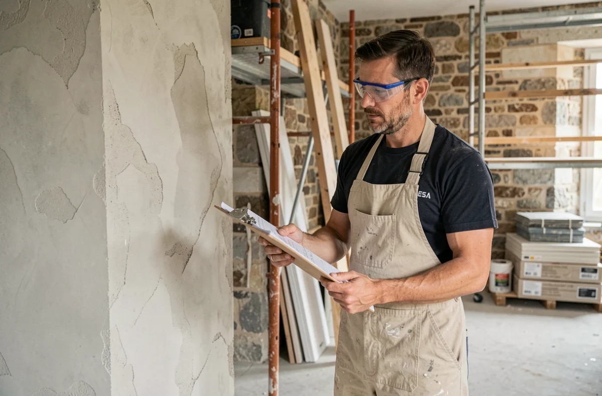 Artisan en train d'inspecter des murs en pierre rénovés dans une maison bretonne à Rennes