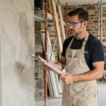 Artisan en train d'inspecter des murs en pierre rénovés dans une maison bretonne à Rennes