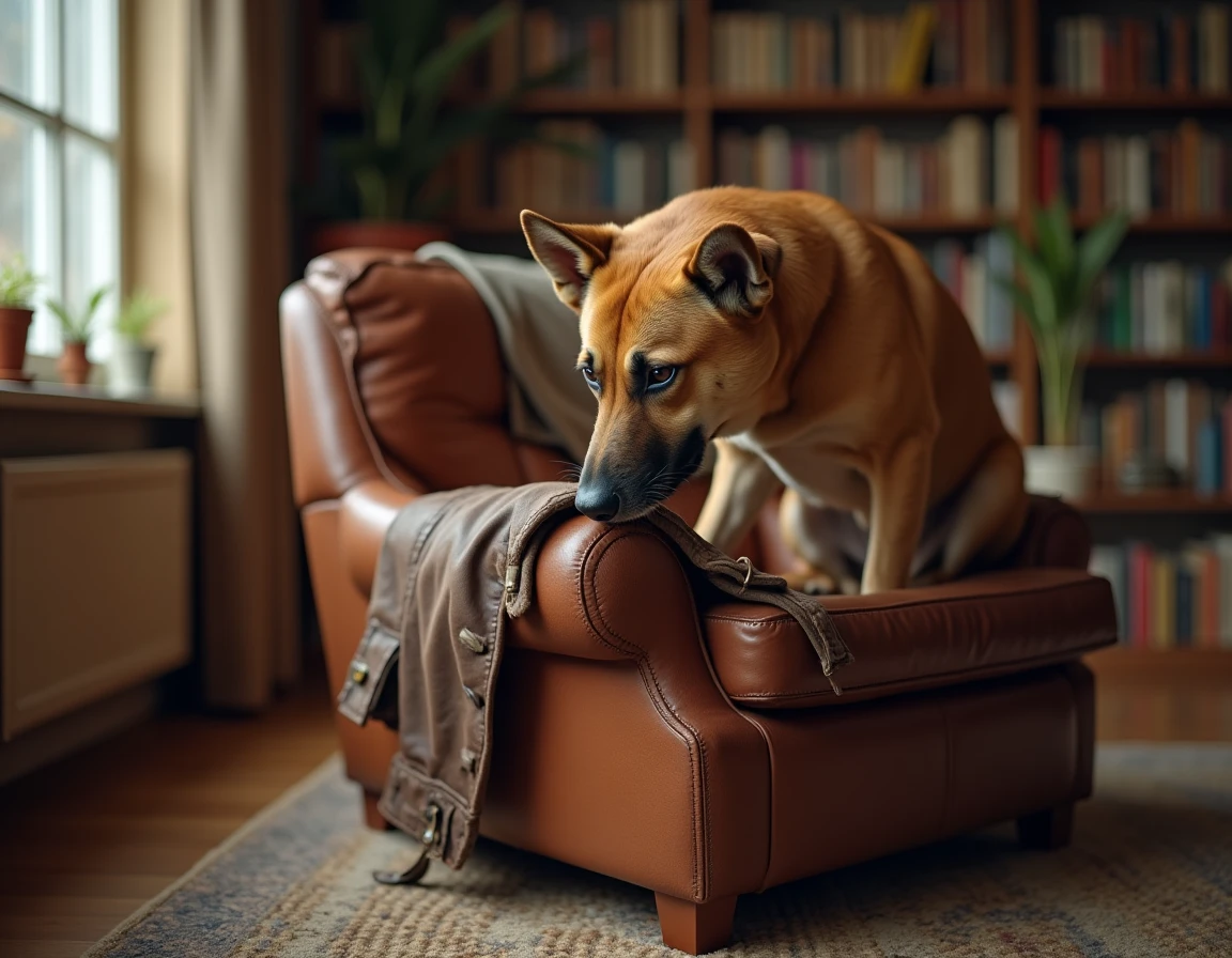 Chien reniflant une veste en cuir posée sur un fauteuil, illustrant la mémoire olfactive du chien pour reconnaître son maître