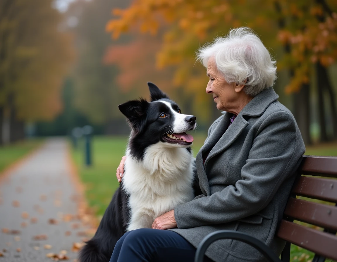 Border collie assis près d'une femme âgée dans un parc en automne, illustrant le lien mémoriel entre un chien et une personne proche