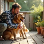 Chien golden retriever retrouvant son maître avec joie sur un porche en bois, illustration de la mémoire affective du chien