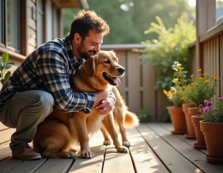 Chien golden retriever retrouvant son maître avec joie sur un porche en bois, illustration de la mémoire affective du chien