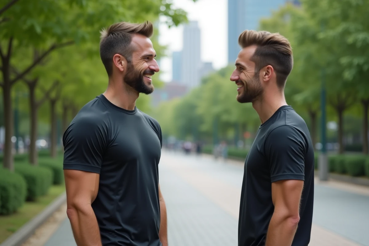 Entraineur sportif discutant avec client dans un parc urbain