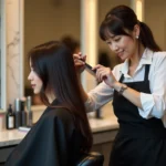 Coiffeuse professionnelle réalisant une coupe papillon sur une cliente en salon de coiffure moderne