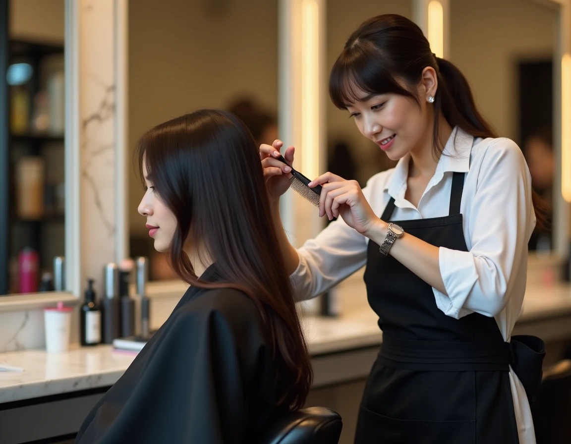 Coiffeuse professionnelle réalisant une coupe papillon sur une cliente en salon de coiffure moderne