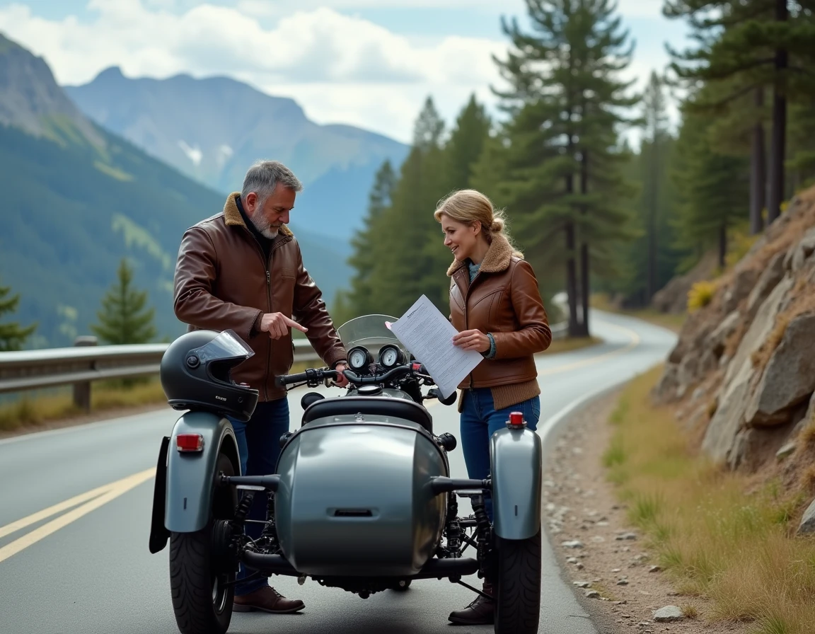 Couple de motards inspectant la compatibilité d'un side-car Ural sur une route de montagne