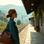 Femme avec un sac de voyage en cuir regardant un train partir depuis un quai en pierre, évoquant le voyage et l'aventure en teintes sarcelle