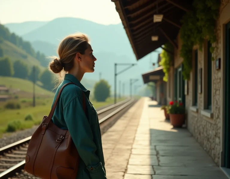 Femme avec un sac de voyage en cuir regardant un train partir depuis un quai en pierre, évoquant le voyage et l'aventure en teintes sarcelle