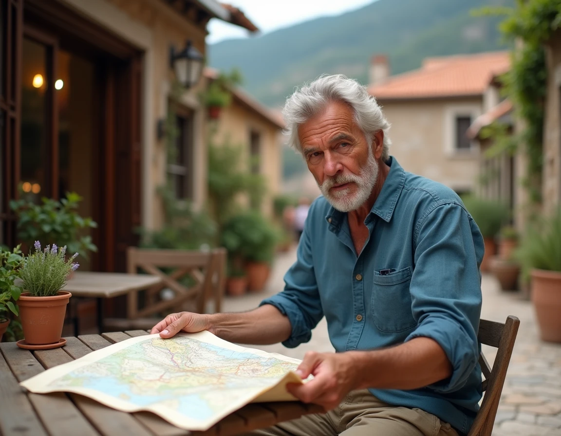 Homme d'âge mûr consultant une carte routière dépliée sur une table en bois devant un café de village méditerranéen, symbolisant l'exploration et l'aventure en bleu indigo