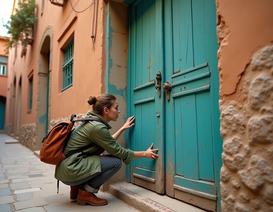 Jeune femme touchant une vieille porte en bois turquoise dans une ruelle nord-africaine, illustrant la découverte et la symbolique des couleurs du voyage