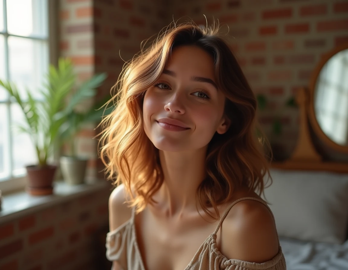 Jeune femme avec une coupe papillon moderne aux cheveux ondulés naturels devant un miroir vintage