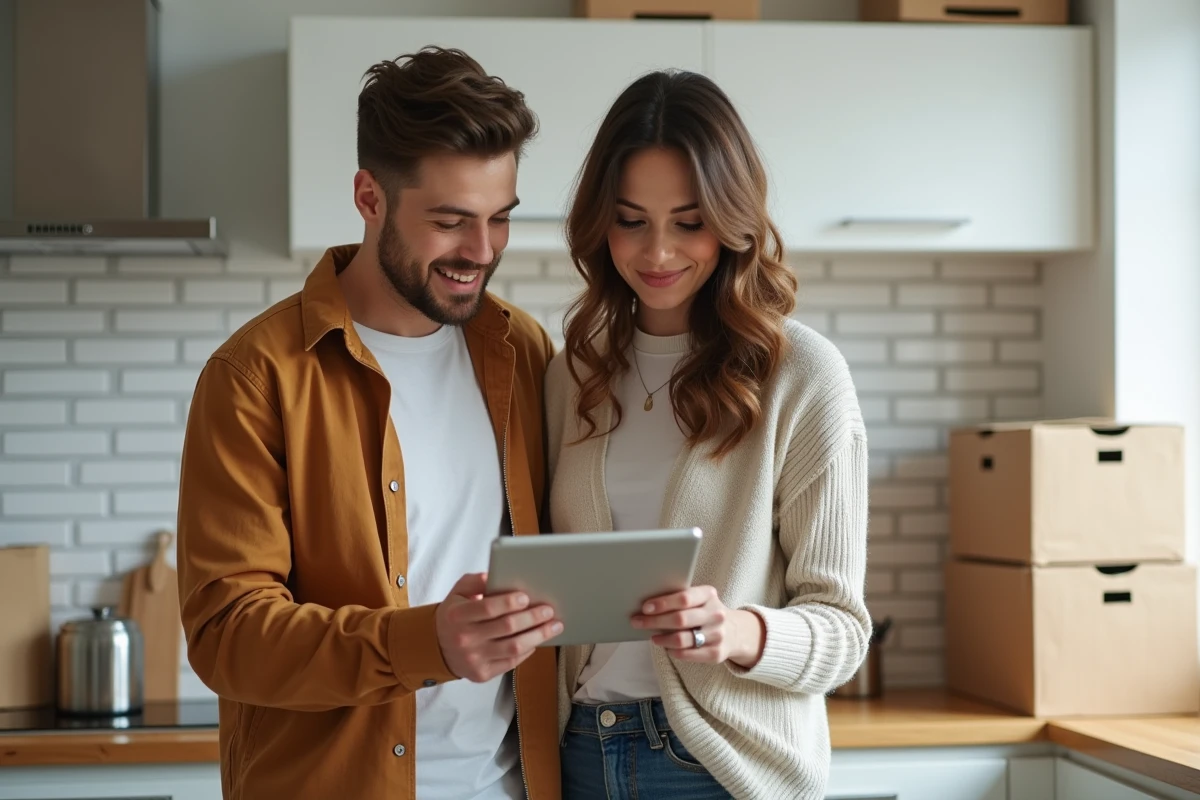 Jeune couple consultant une demande de prêt immobilier sur tablette dans leur nouvel appartement