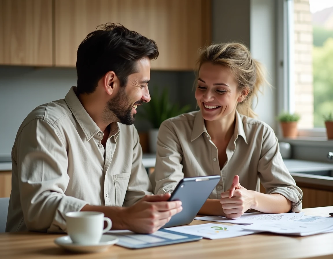 Couple d'investisseurs immobiliers étudiant des brochures et simulations de prêt immobilier autour d'une table de cuisine moderne et lumineuse