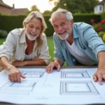 Couple souriant regardant plans de piscine dans le jardin
