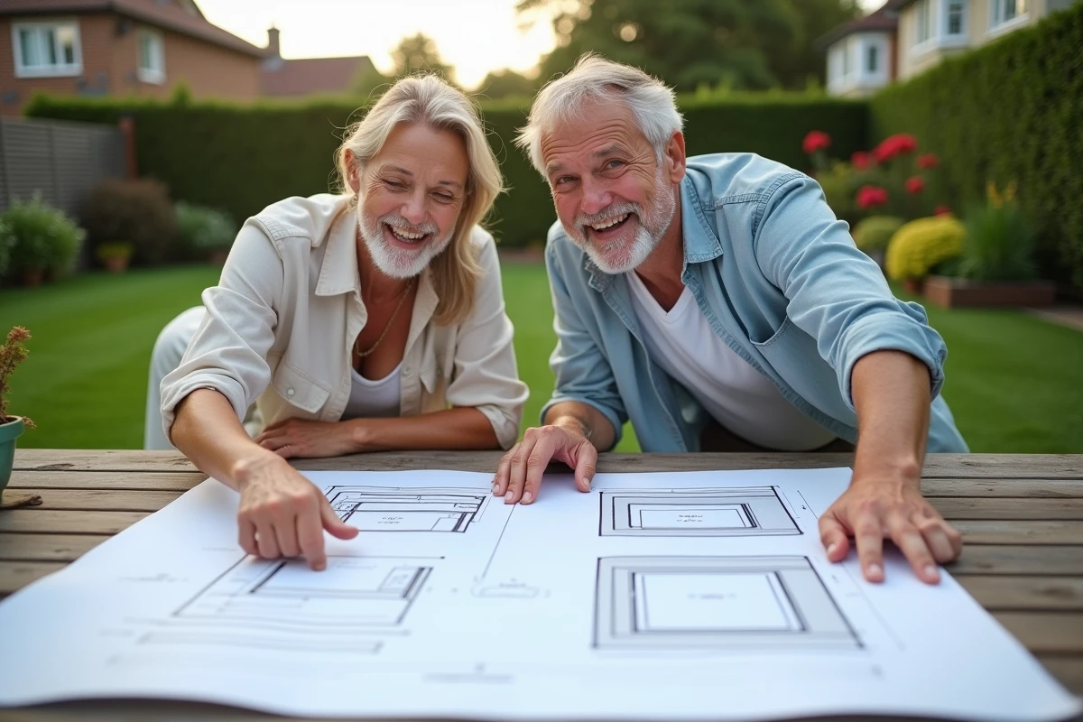 Couple souriant regardant plans de piscine dans le jardin