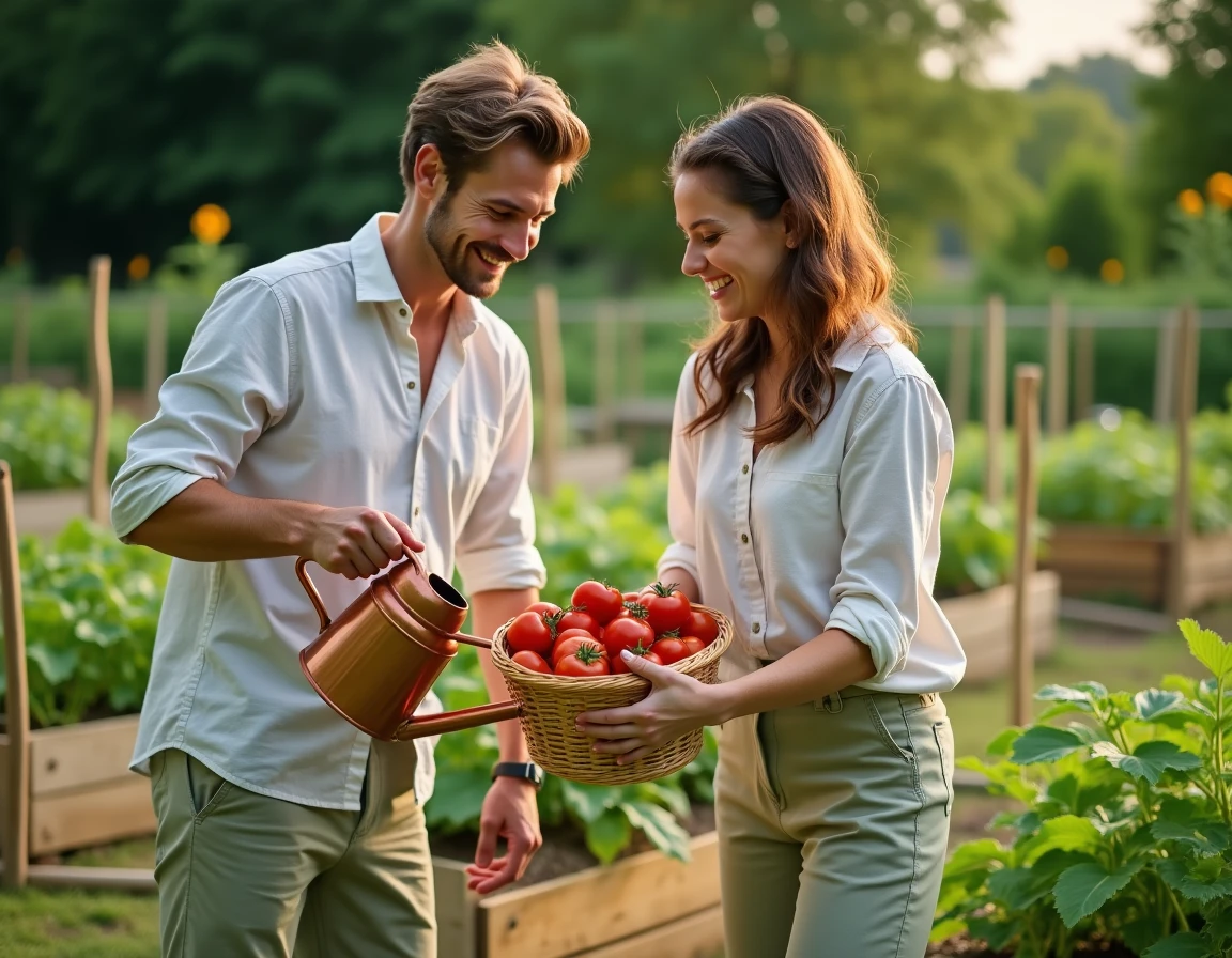 Couple récoltant des tomates et arrosant un potager fleuri ensemble, ambiance conviviale de jardin partagé