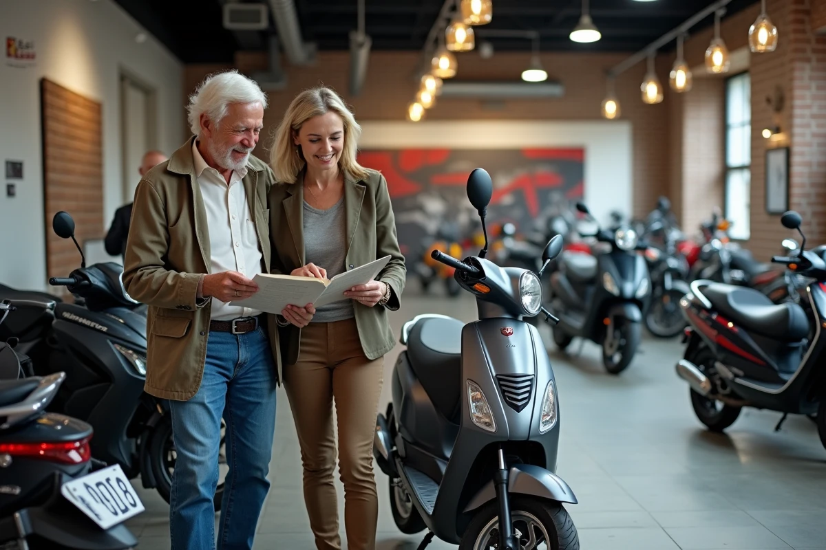 Couple de seniors en concession moto comparant un scooter maxi et un roadster de petite cylindrée