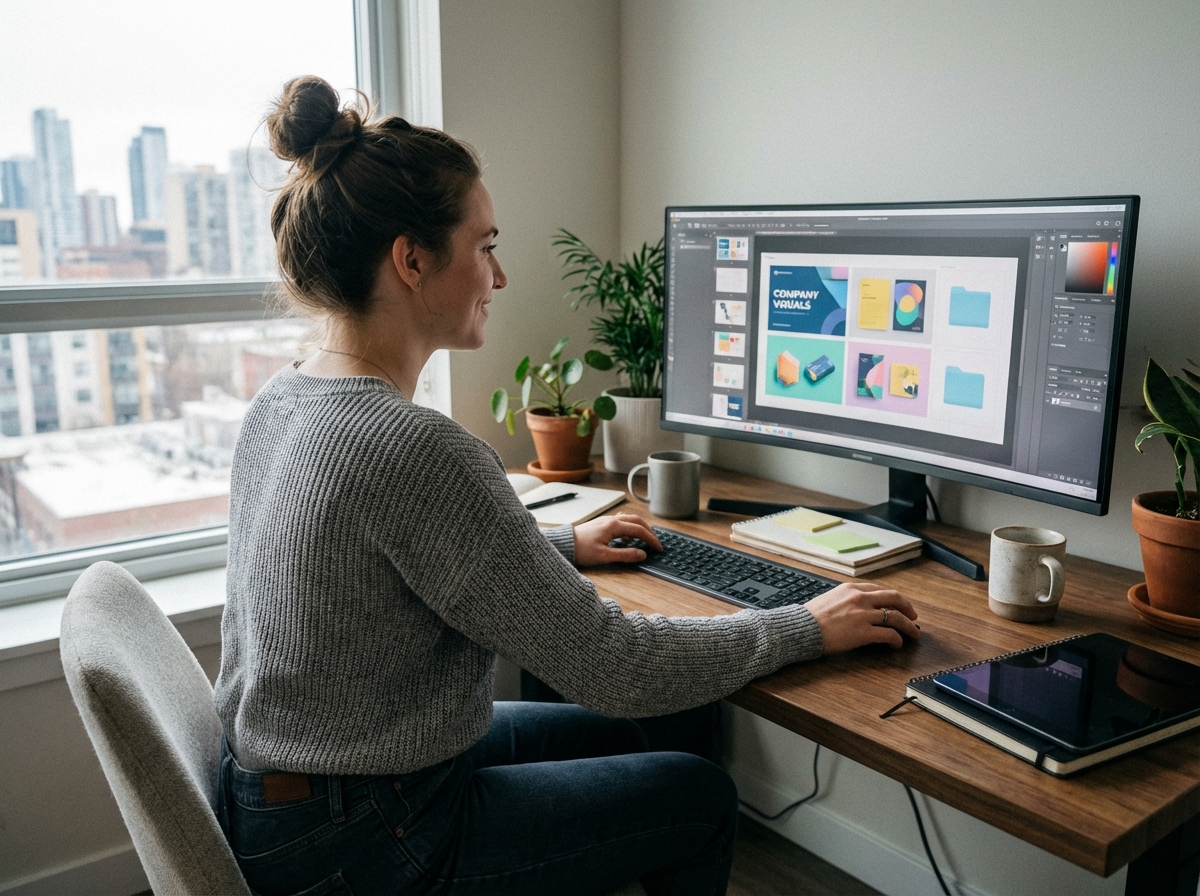 Graphiste au travail sur son ordinateur dans un studio à domicile