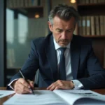 Détective privé professionnel analysant des documents confidentiels dans un bureau moderne pour une enquête professionnelle