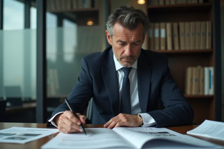 Détective privé professionnel analysant des documents confidentiels dans un bureau moderne pour une enquête professionnelle