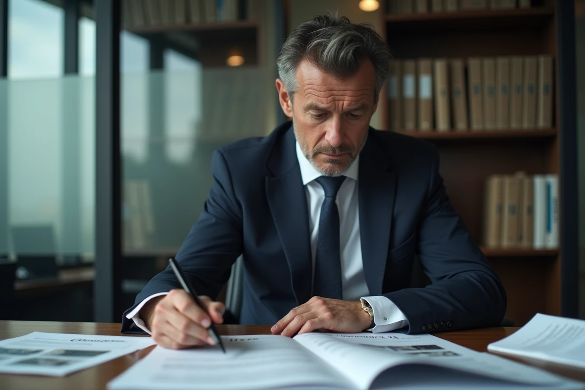 Détective privé professionnel analysant des documents confidentiels dans un bureau moderne pour une enquête professionnelle