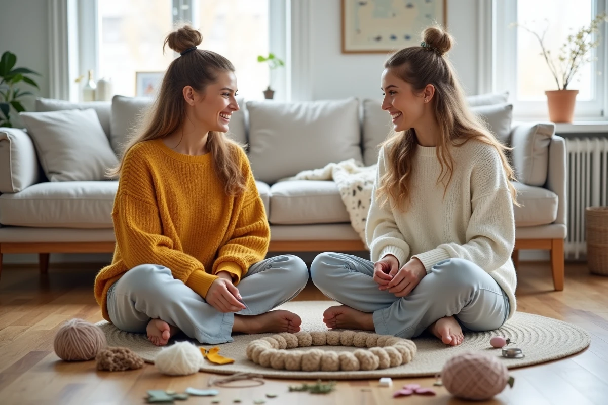 Deux femmes réalisant ensemble des loisirs créatifs DIY sur le sol d'un salon avec laine, fleurs séchées et matériaux artisanaux