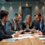 Groupe de professionnels en réunion dans une salle moderne