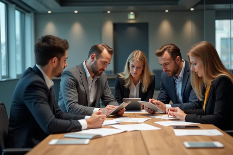 Groupe de professionnels en réunion dans une salle moderne