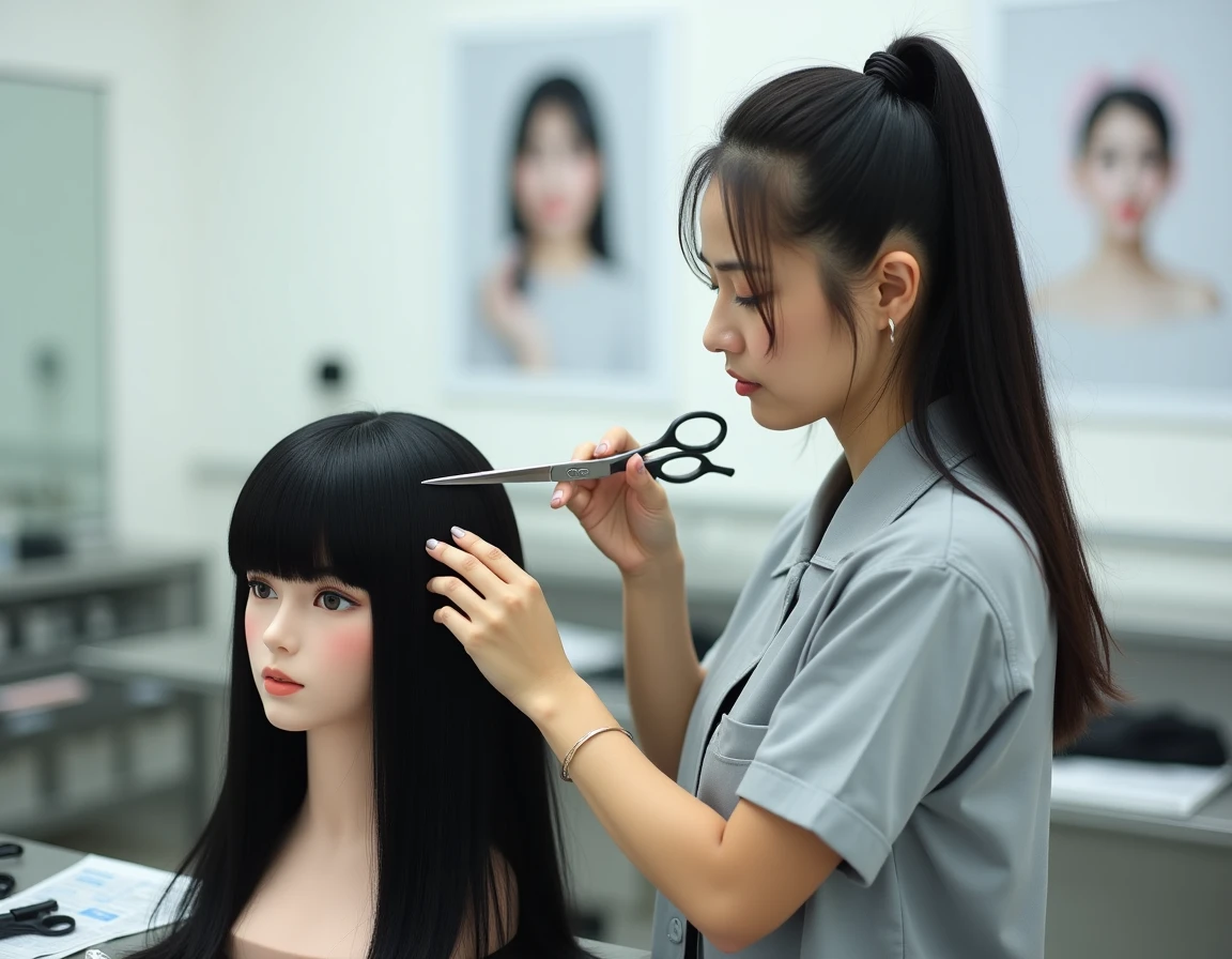Étudiante en coiffure pratiquant la technique de coupe papillon sur une tête de mannequin en école de coiffure