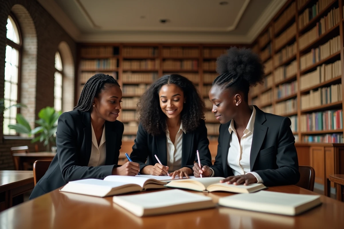 Étudiants en droit béninois préparant le concours de notariat dans une bibliothèque universitaire