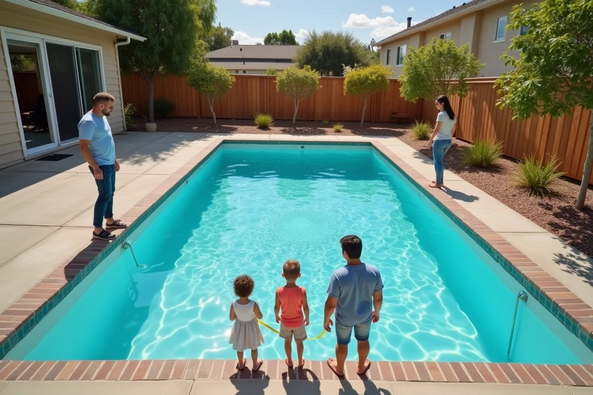 Famille mesurant la piscine dans le jardin récent