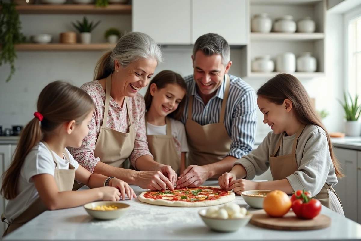 Famille multigénérationnelle préparant une pizza maison ensemble dans une cuisine moderne et lumineuse