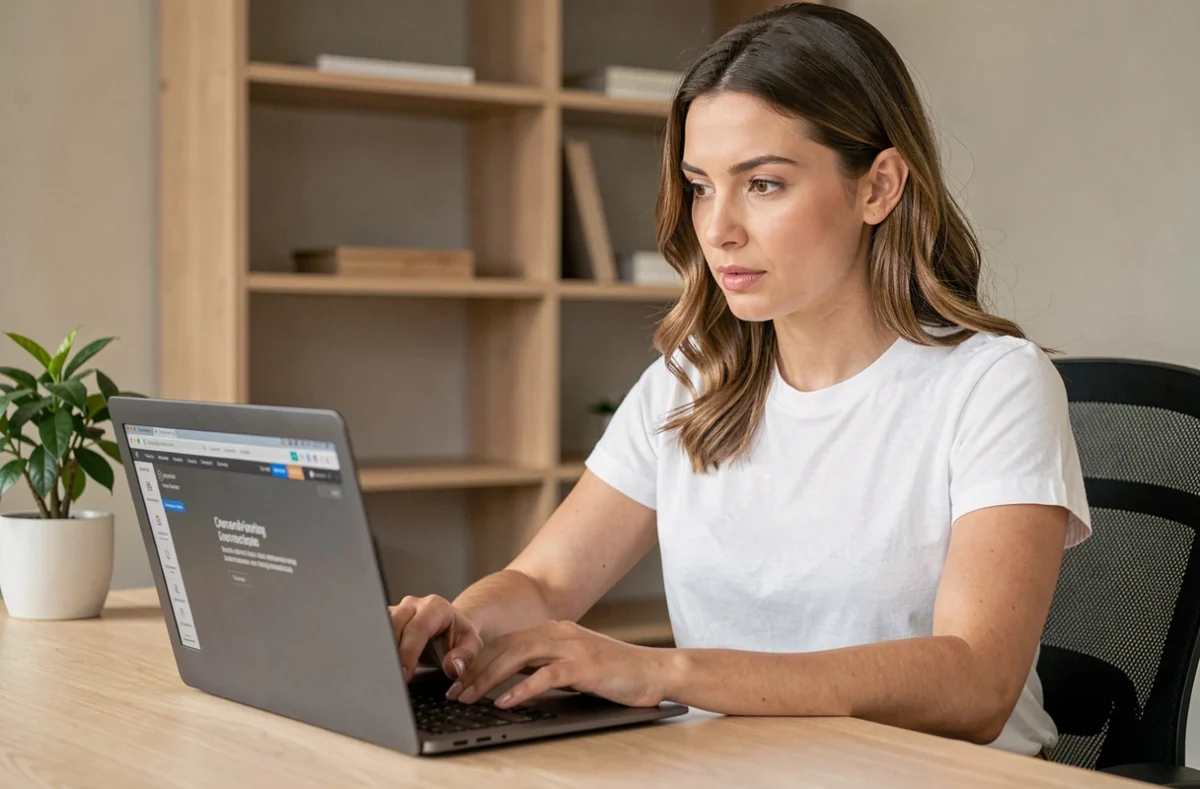 Femme dans la trentaine consultant les dernières nouveautés tech sur un ordinateur portable dans un bureau minimaliste moderne
