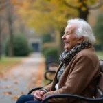 Femme agee souriante dans un parc parisien en automne