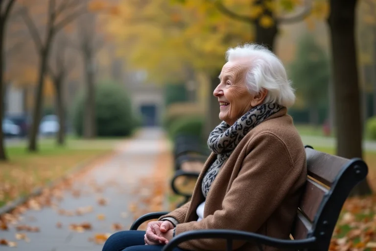Femme agee souriante dans un parc parisien en automne