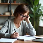 Femme d'âge moyen prenant des notes dans un bureau moderne
