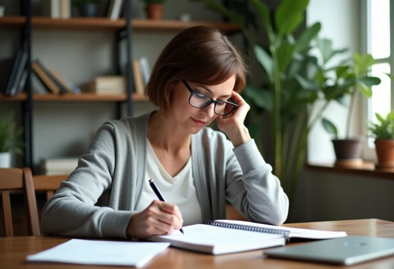 Femme d'âge moyen prenant des notes dans un bureau moderne