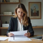 Femme en bureau à domicile examinant des papiers