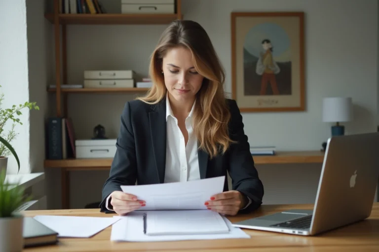 Femme en bureau à domicile examinant des papiers