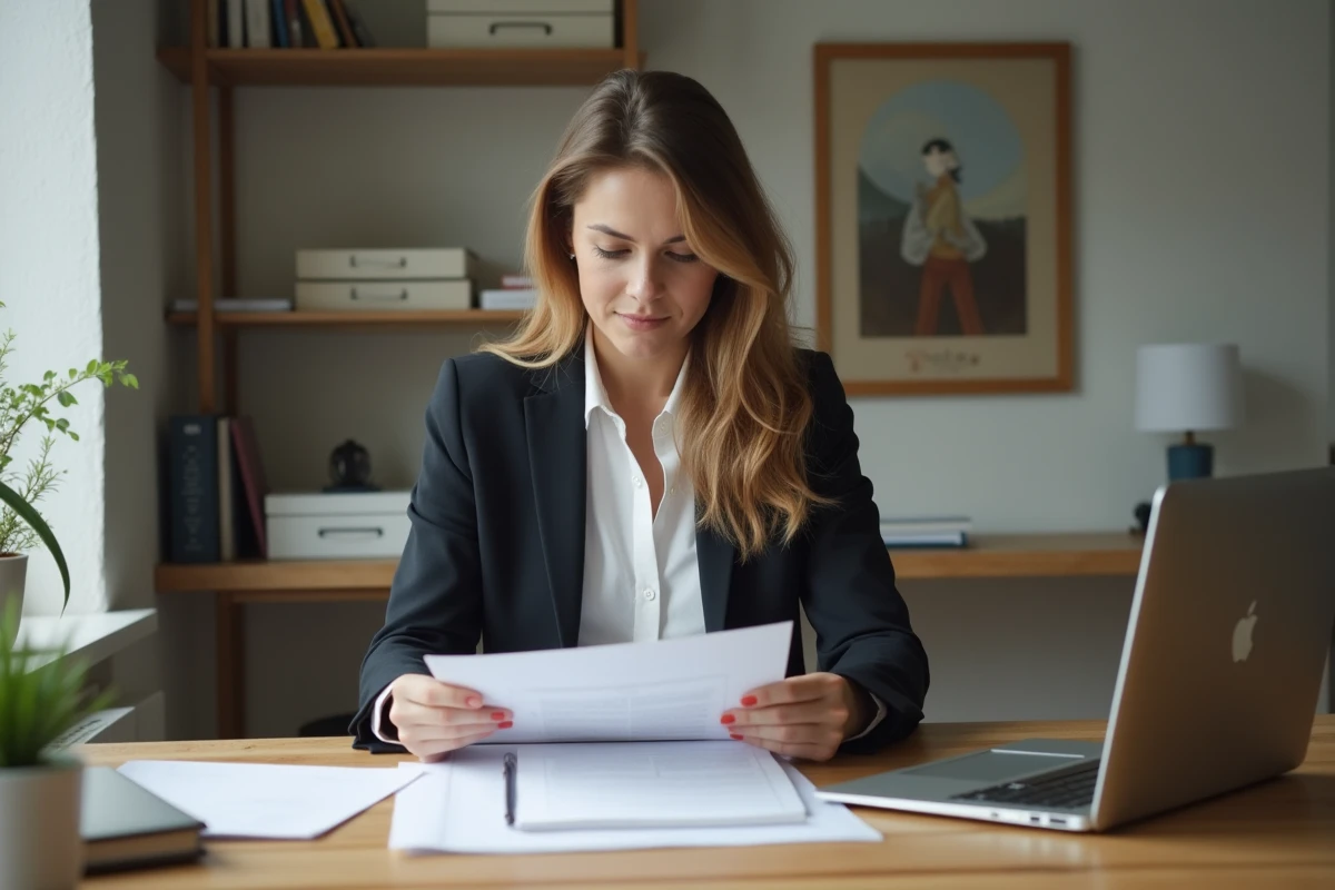 Femme en bureau à domicile examinant des papiers
