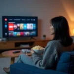 Femme installée sur un canapé regardant une série en streaming sur son téléviseur avec un bol de popcorn