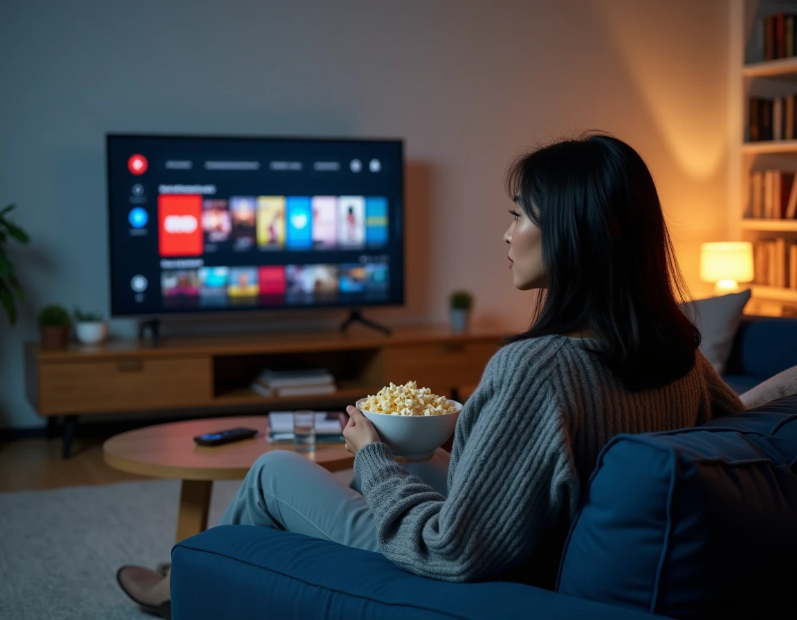 Femme installée sur un canapé regardant une série en streaming sur son téléviseur avec un bol de popcorn
