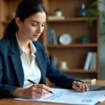 Femme consultant des documents de crédit et un ordinateur portable dans un bureau à domicile moderne