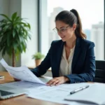 Femme professionnelle en blazer marine analysant des plans immobiliers et des documents d'investissement dans un bureau moderne avec vue sur la ville