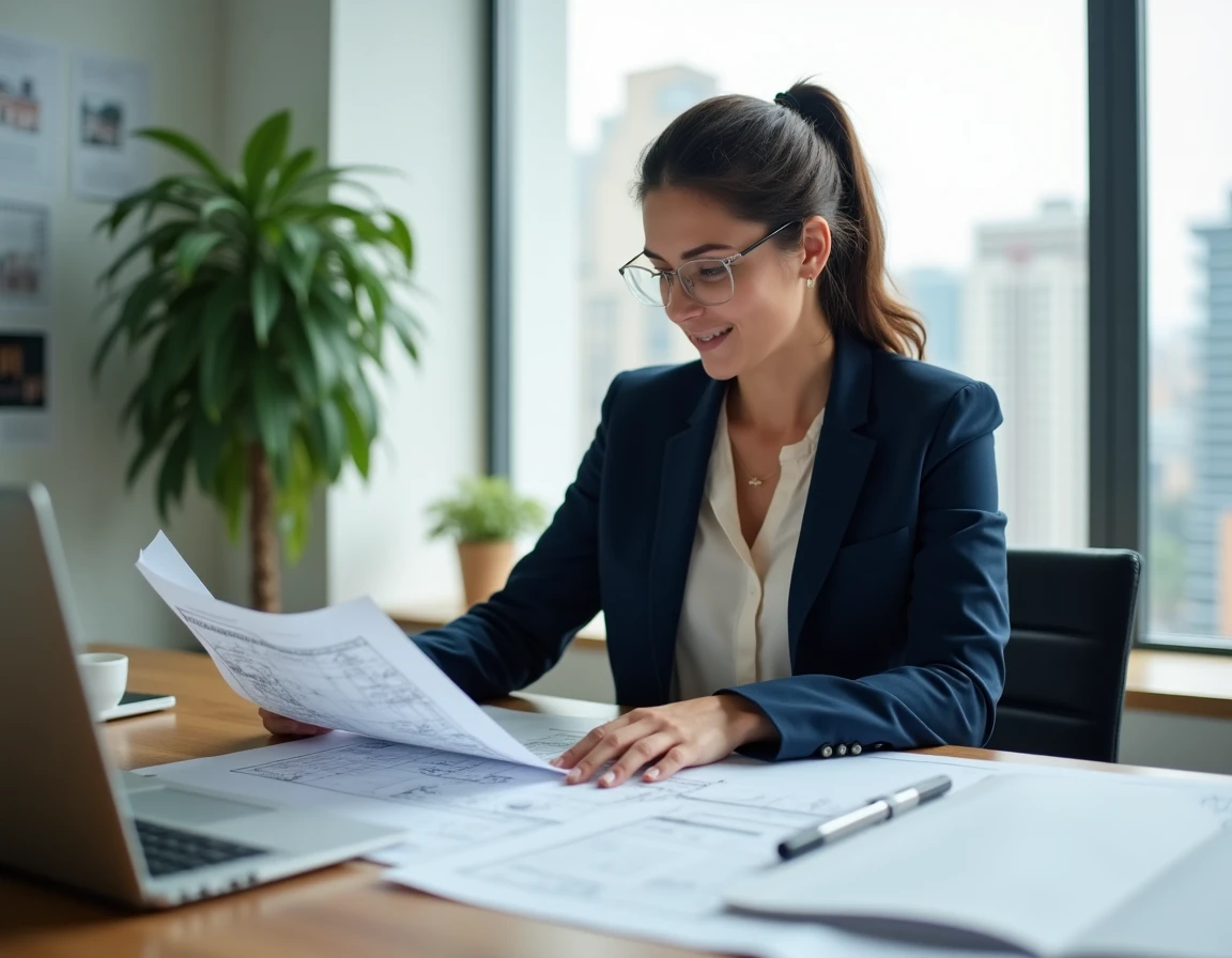 Femme professionnelle en blazer marine analysant des plans immobiliers et des documents d'investissement dans un bureau moderne avec vue sur la ville