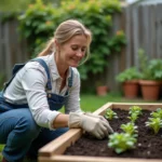 Femme jardinant dans un potager surélevé en bois, transplantant des plants avec soin dans un jardin entretenu