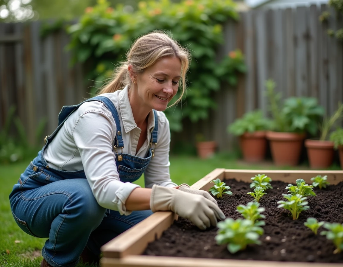 Femme jardinant dans un potager surélevé en bois, transplantant des plants avec soin dans un jardin entretenu